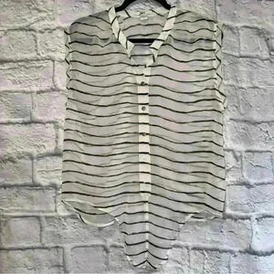 Bar lll Striped Tie Blouse White Black L